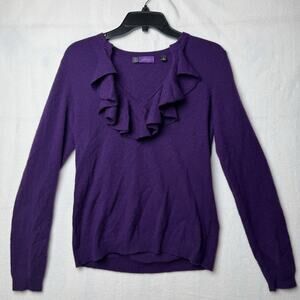 Saks Fifth Avenue Purple Cashmere Sweater Long Sleeve Ruffle V Neck Women’s XS
